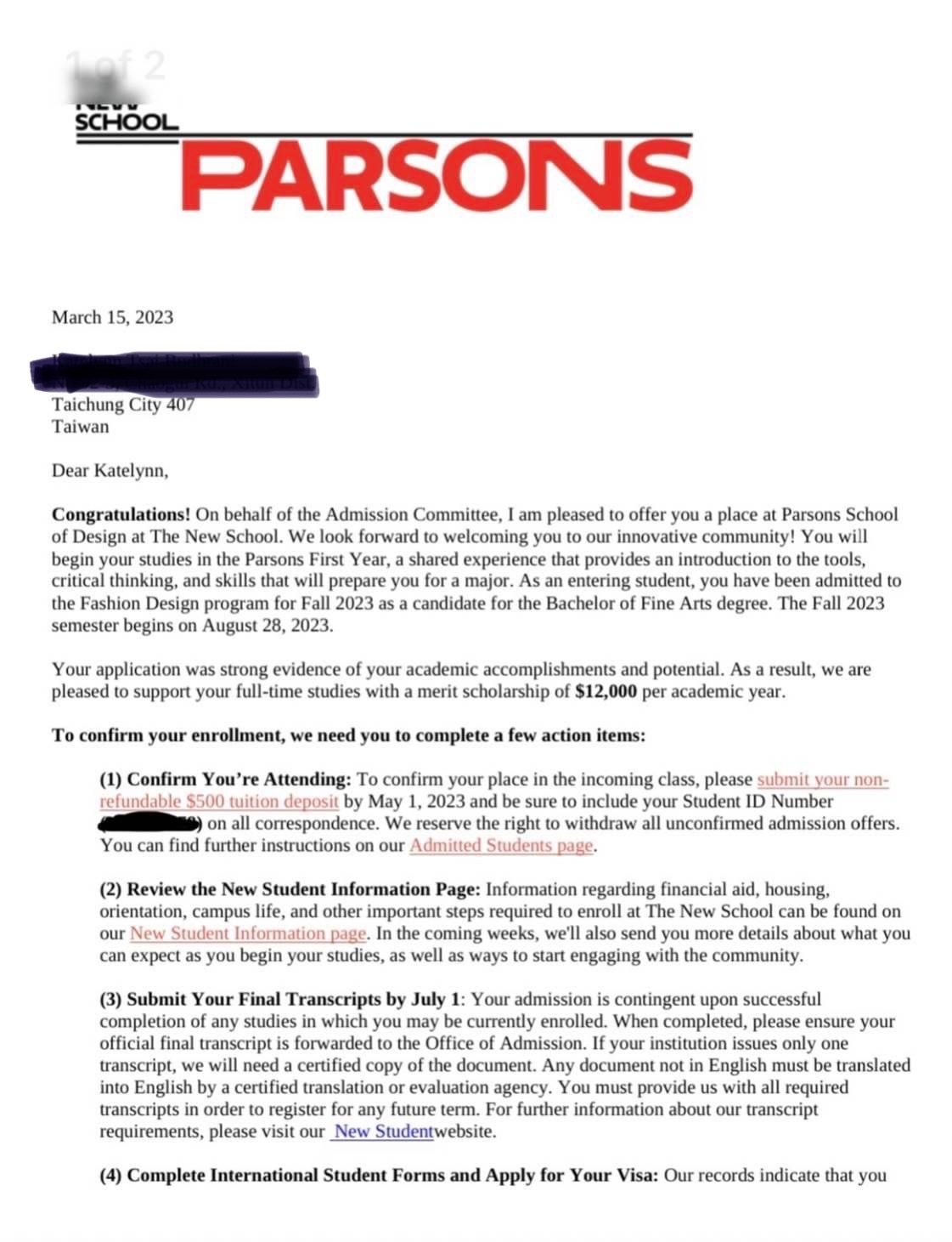 2023升學金榜-Parsons服裝設計學院錄取通知書
